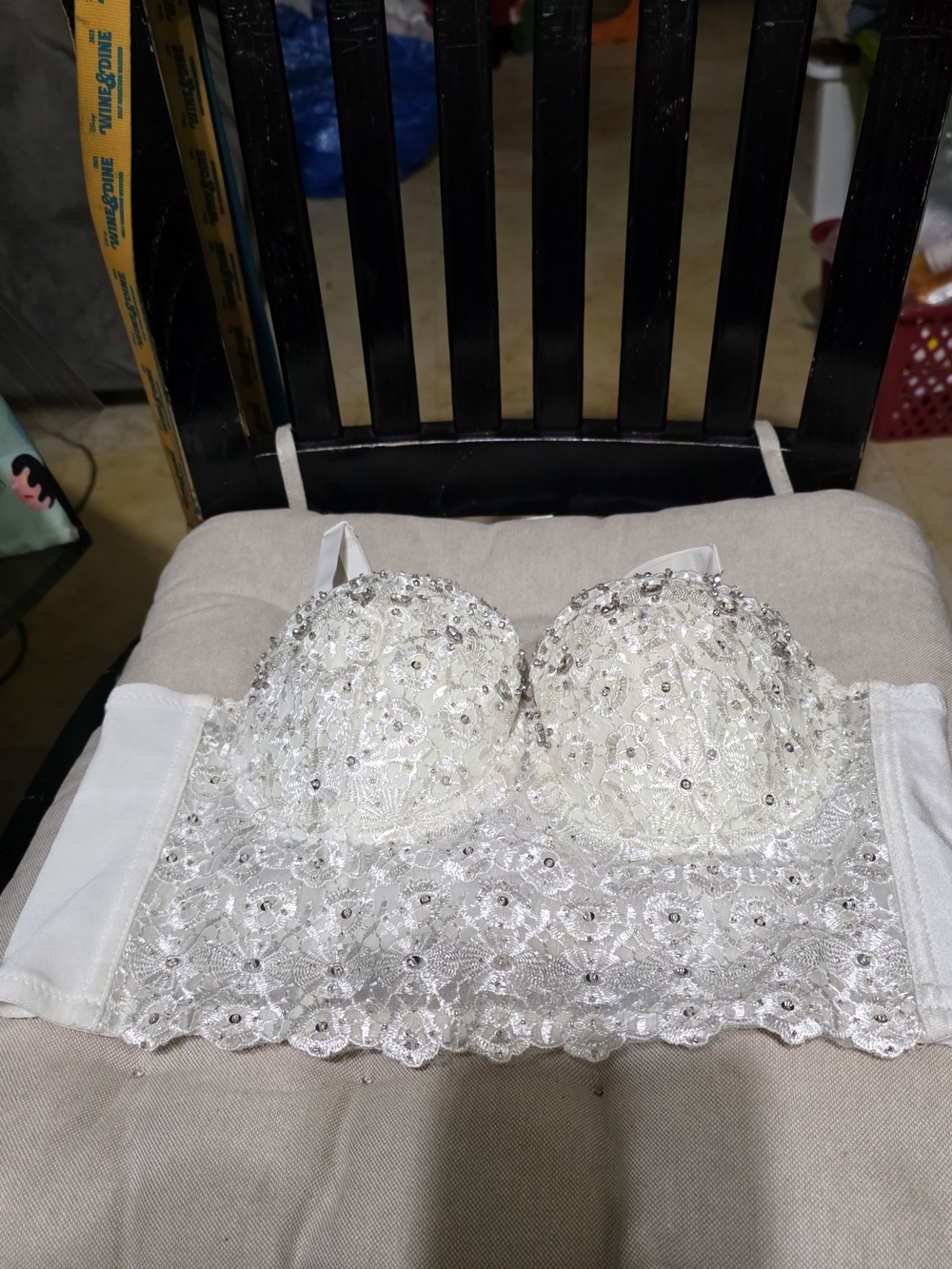 Ivory Lace  Rhinestone Bralette 38C Excellent Conditions